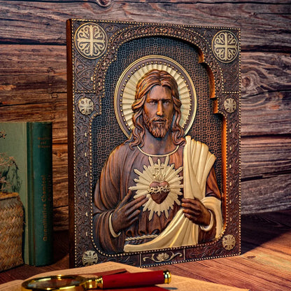 Sacred Heart of Jesus Wood Carved Relief Decor Amen Artisan