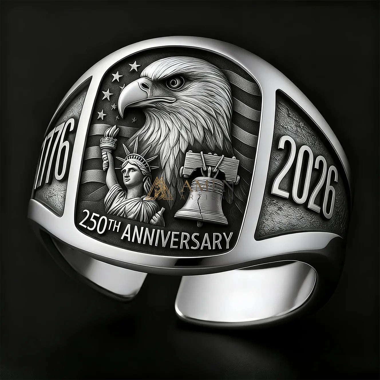 USA 250th Anniversary Ring – Patriotic Eagle, Liberty & Liberty Bell Design Amen Artisan