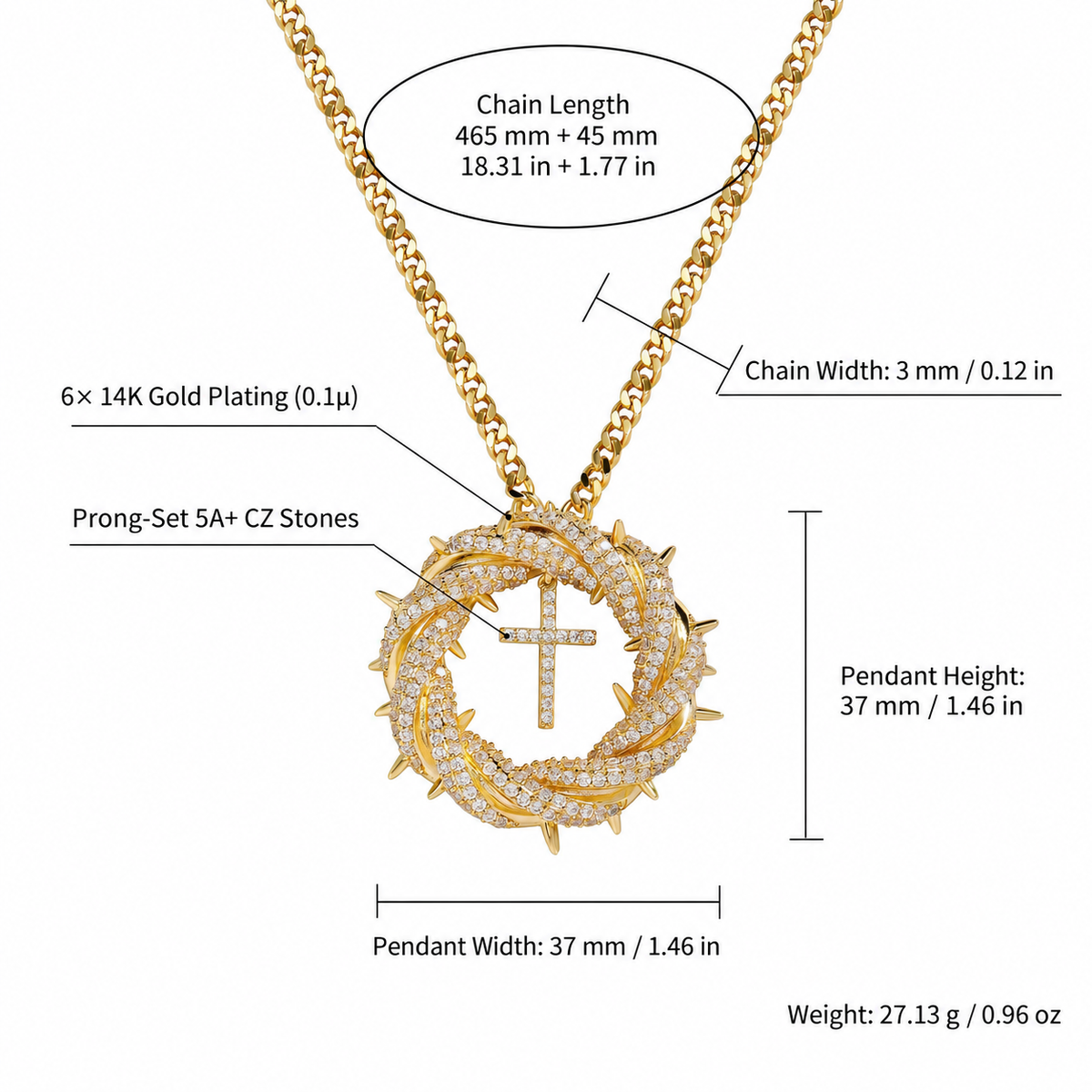 Crown of Thorns Cross Pendant Necklace