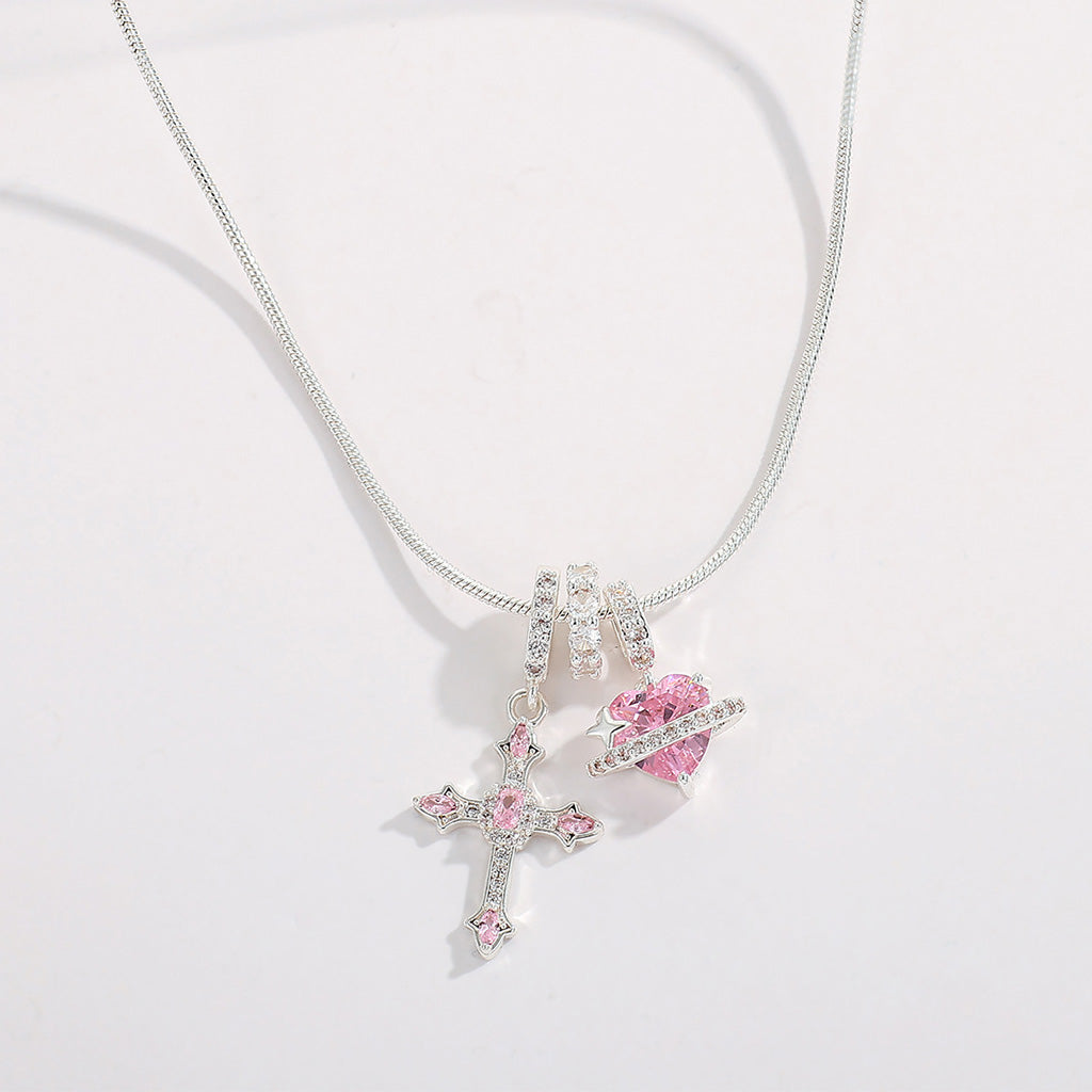 Pink Cross & Heart Charm Necklace