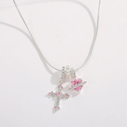 Pink Cross & Heart Charm Necklace
