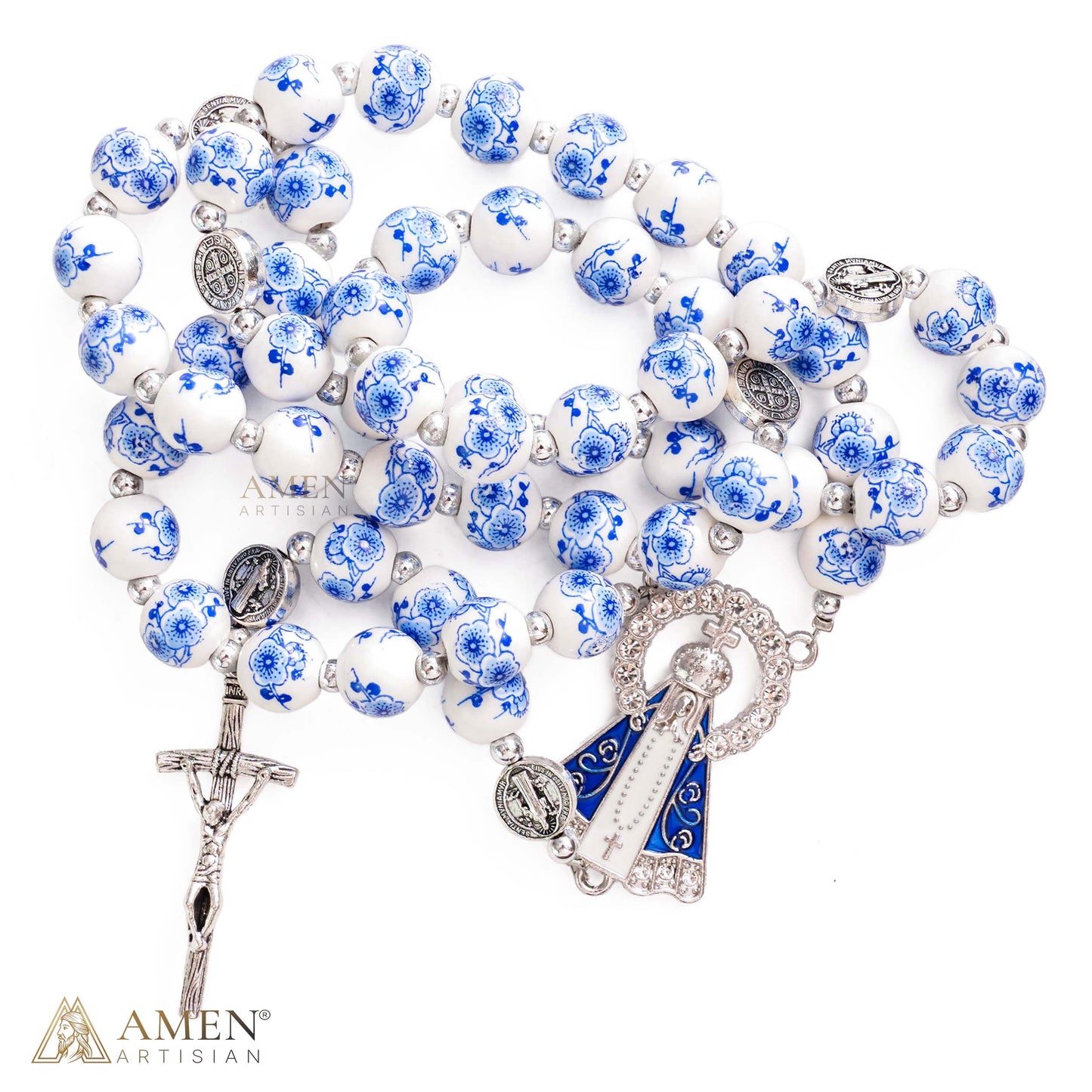 Blue Floral Ceramic Rosary with Marian Pendant and St. Benedict Medals — Grace and Peace | Amen Artisan