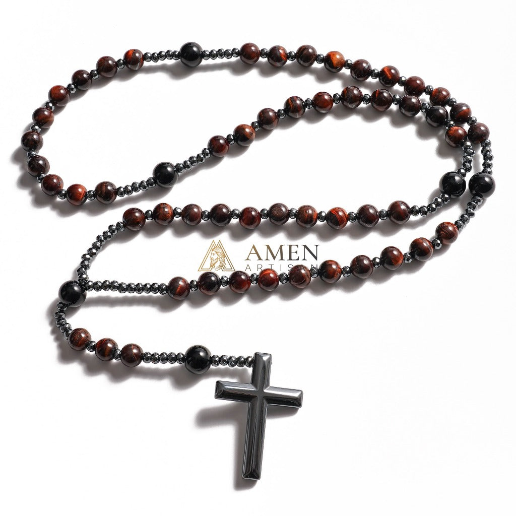 Red Tiger Eye Cross Rosary Amen Artisan