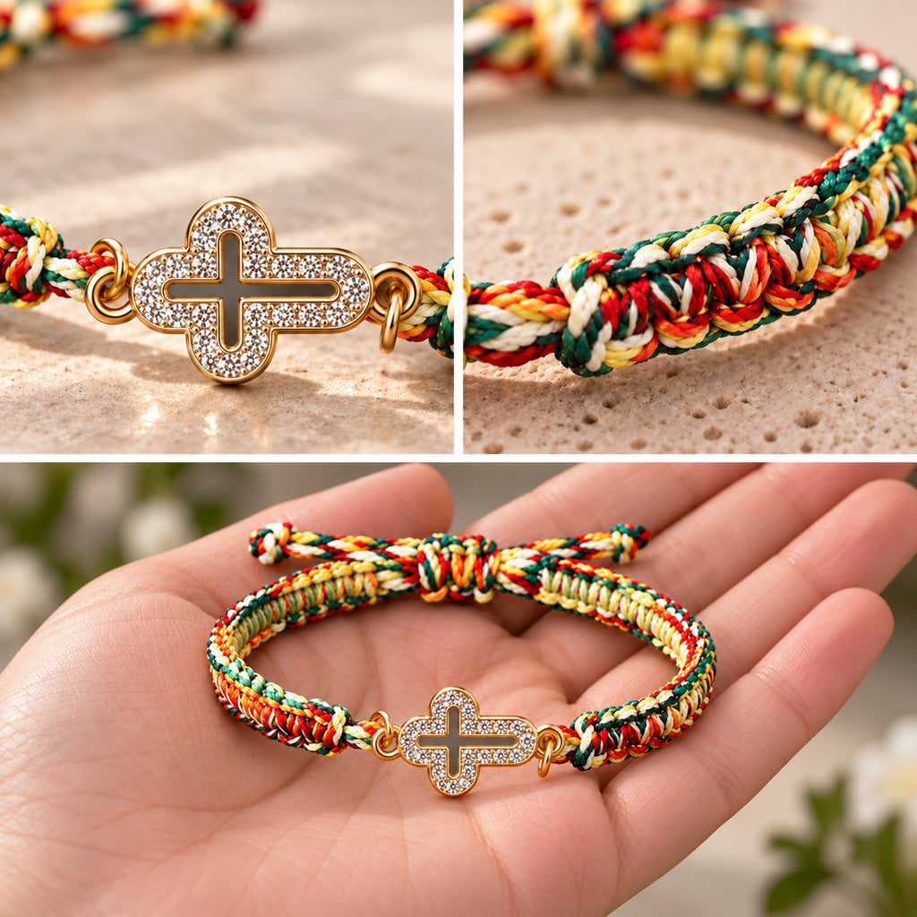 Faith in Every Thread – Handwoven Adjustable Sparkling Cross Bracelet