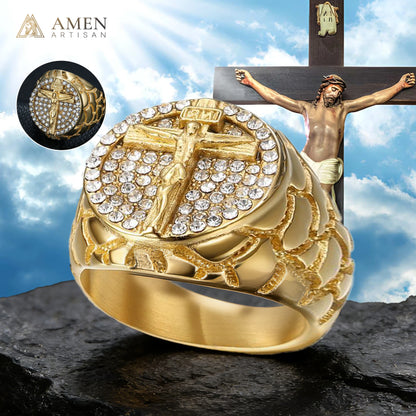 Anel de Cristo em ouro artesanal Amém com diamante e crucifixo