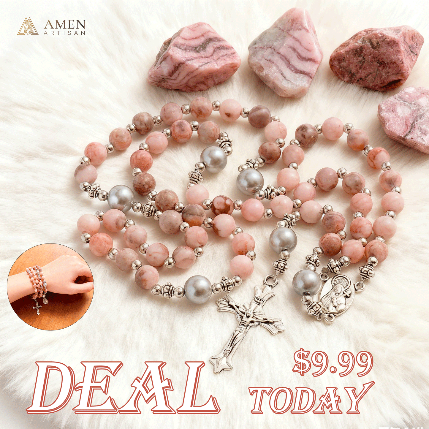 【Deal Today】Natural Pink Zebra Jasper Rosary