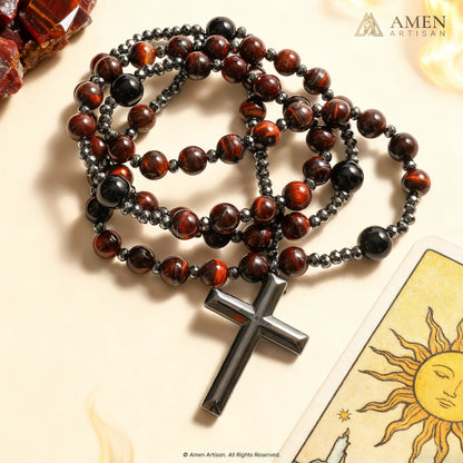 Red Tiger Eye Cross Rosary Amen Artisan