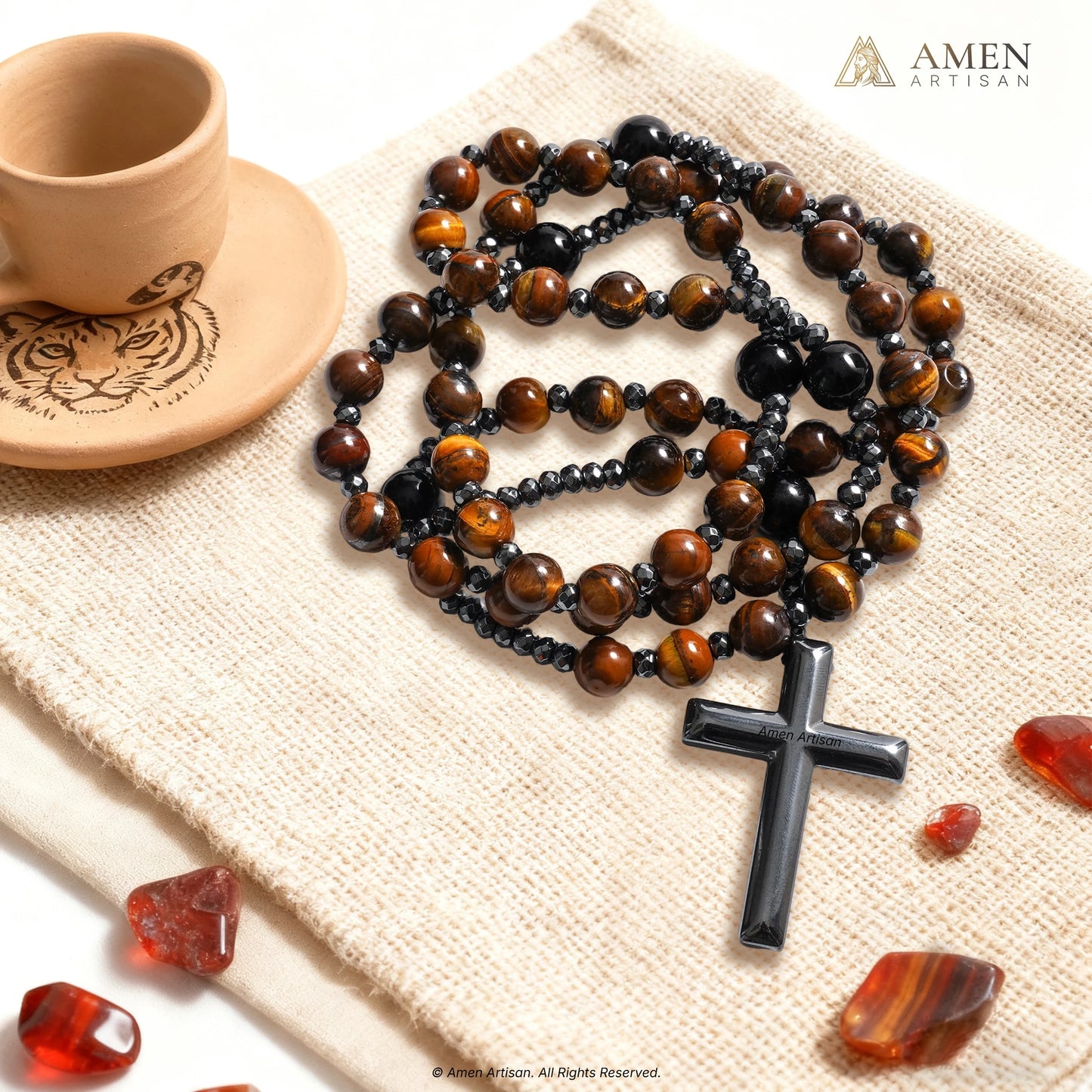 Yellow Tiger Eye Cross Rosary Amen Artisan