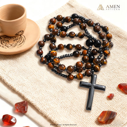 Yellow Tiger Eye Cross Rosary Amen Artisan