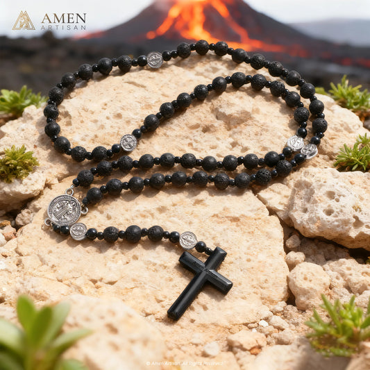 Lava Stone St. Benedict Medal Prayer Beads Amen Artisan