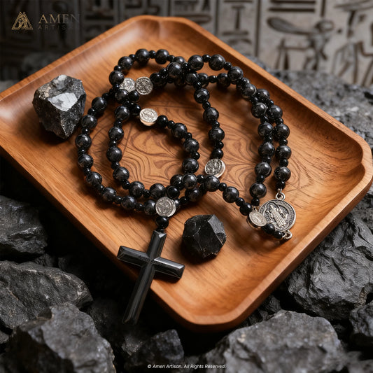 Black Obsidian St. Benedict Medal Prayer Beads Amen Artisan