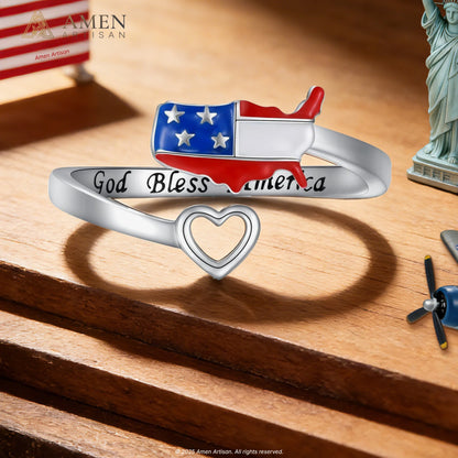 God Bless America  American Flag Adjustable Ring Amen Artisan