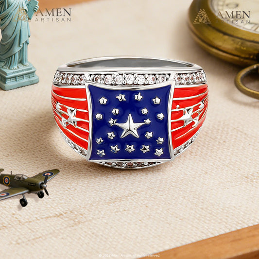 American Flag Rings 14K Gold-Plated - 5A Cubic Zirconia Border Amen Artisan