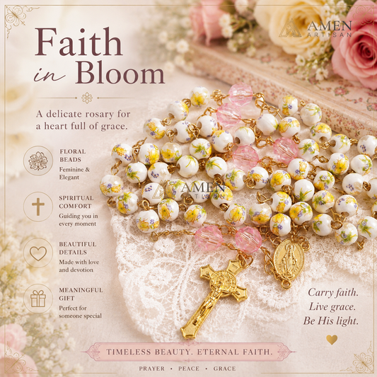 Yellow Floral Ceramic Rosary Amen Artisian