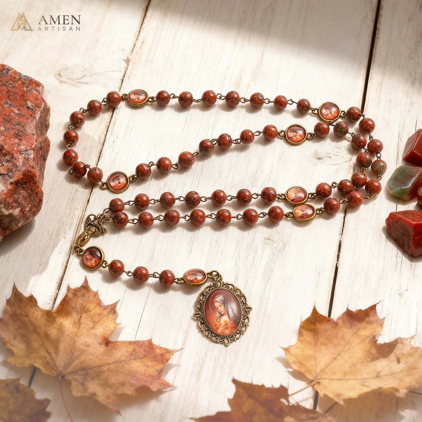 Red Sesame Stone Chaplet of the Seven Sorrows of Mary Amen Artisan