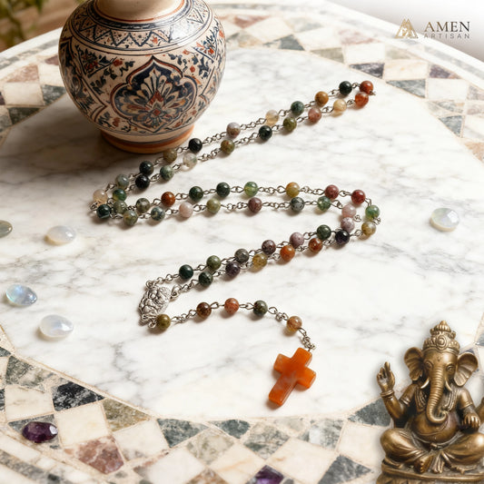 Indian Agate Holy Family Medal Rosary Amen Artisan