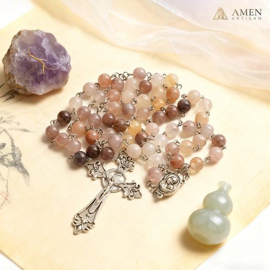 Purple Golden Silk Jade Madonna and Child Medal Rosary Amen Artisan