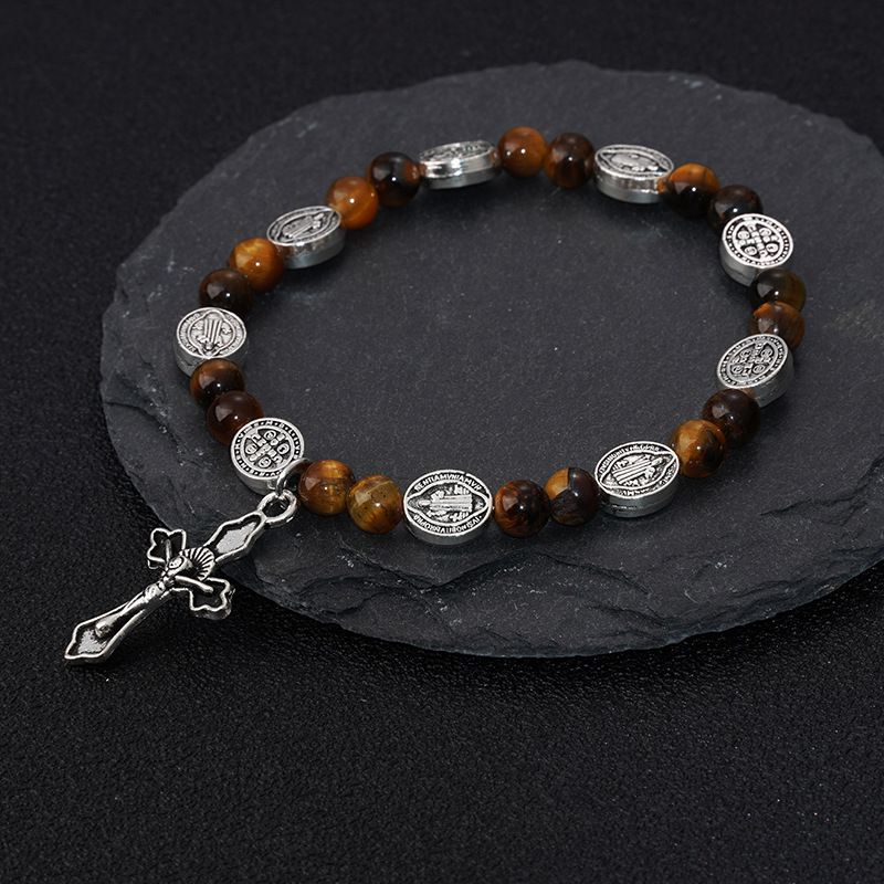 Amen Artisan Tiger's Eye Beads Saint Benedict Medal Crucifix Bracelet