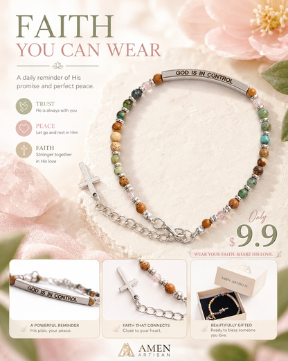 【Deal Today】Adjustable Natural Stone Bracelet with Cross | Amen Artisan