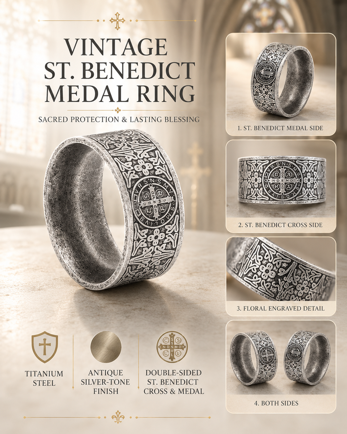 Anel com padrão de medalha de São Bento Amém Artesanal