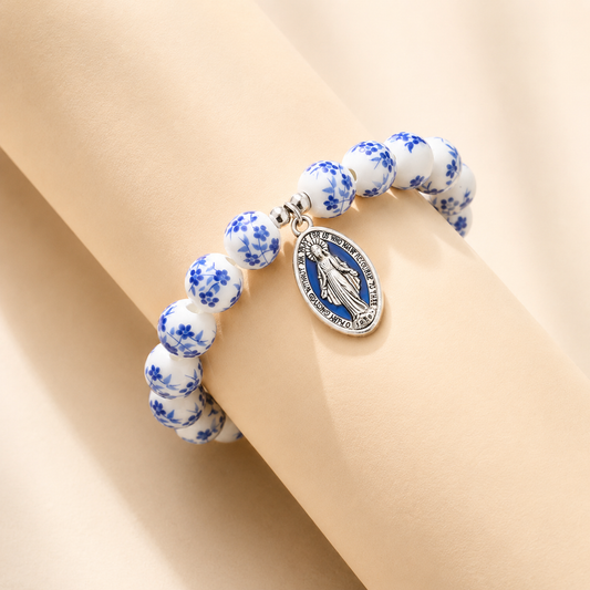 Ceramic Flower Beads Miraculous Medal Stretch Bracelet Amen Artisan