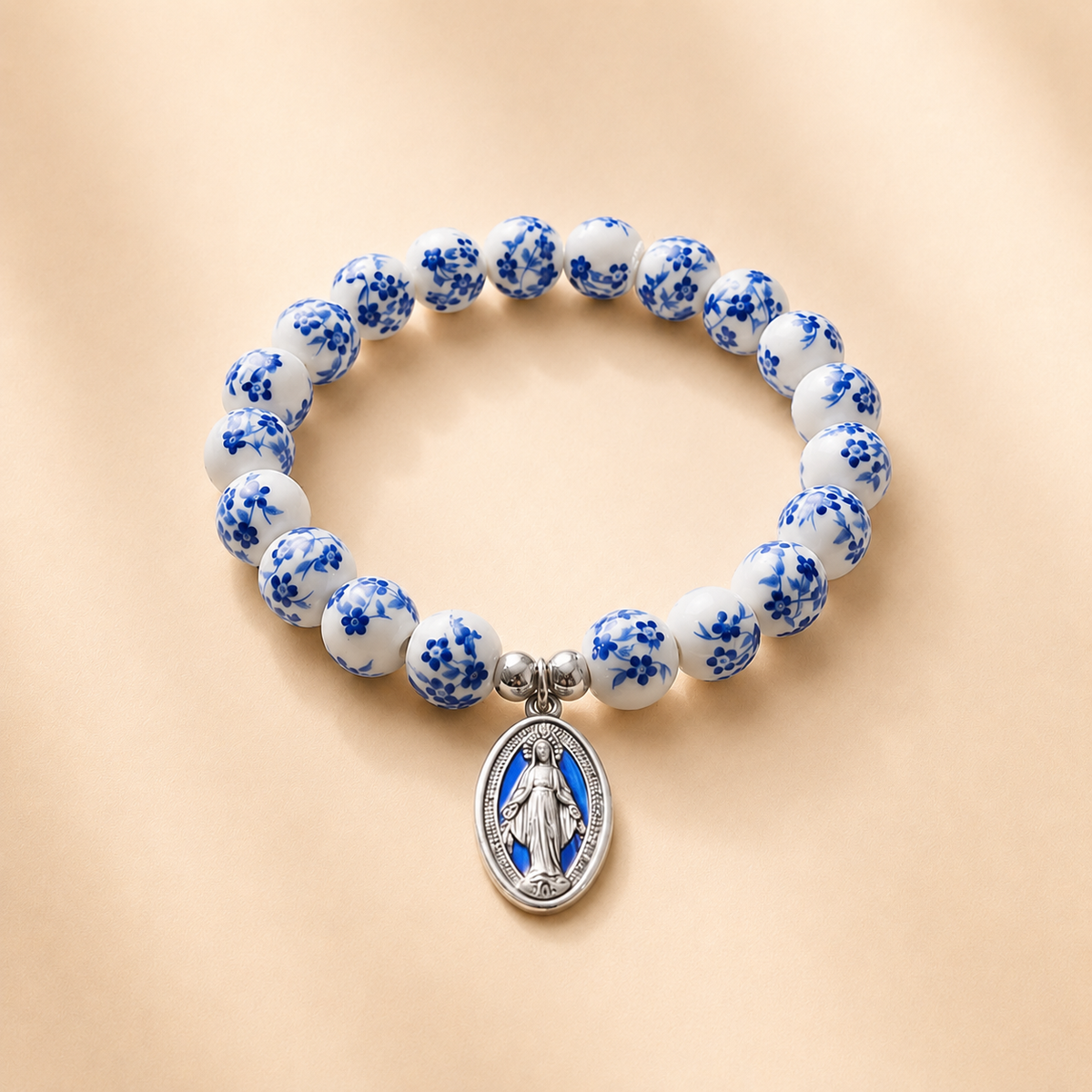 Ceramic Flower Beads Miraculous Medal Stretch Bracelet Amen Artisan