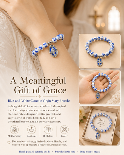 【Deal Today】Blue Floral Ceramic Bead Miraculous Medal Stretch Bracelet | Amen Artisan