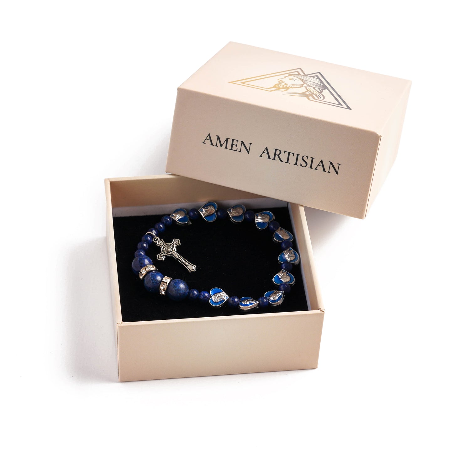 Lapis lazuli Virgin Blue Heart Beads Elastic Cord Bracelet Amen Artisan