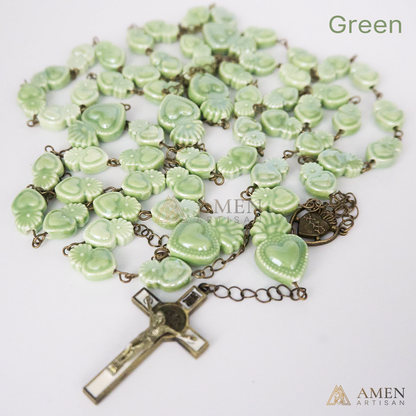Rosario de cerámica con cuentas del Sagrado Corazón - Estilo bronce vintage - Amen Artisan 