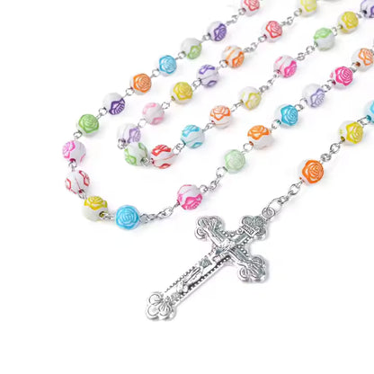 Rosario de cerámica artesanal con rosa de colores Amén, crucifijo del Inmaculado Corazón de María