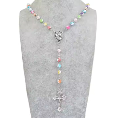 Rosario de cerámica artesanal con rosa de colores Amén, crucifijo del Inmaculado Corazón de María