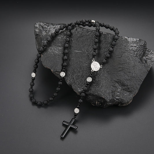 Lava Stone Beads Saint Benedict Medal Rosary Amen Artisan