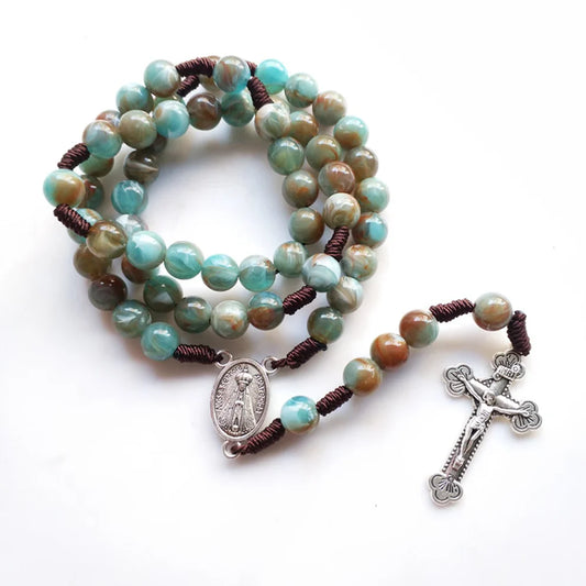 Handcrafted Agate Round Beaded Rosary Cross Necklace