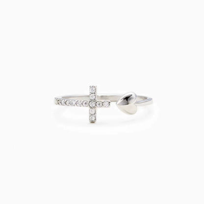 Anillo artesanal de circonita cúbica con forma de corazón y cruz Amen