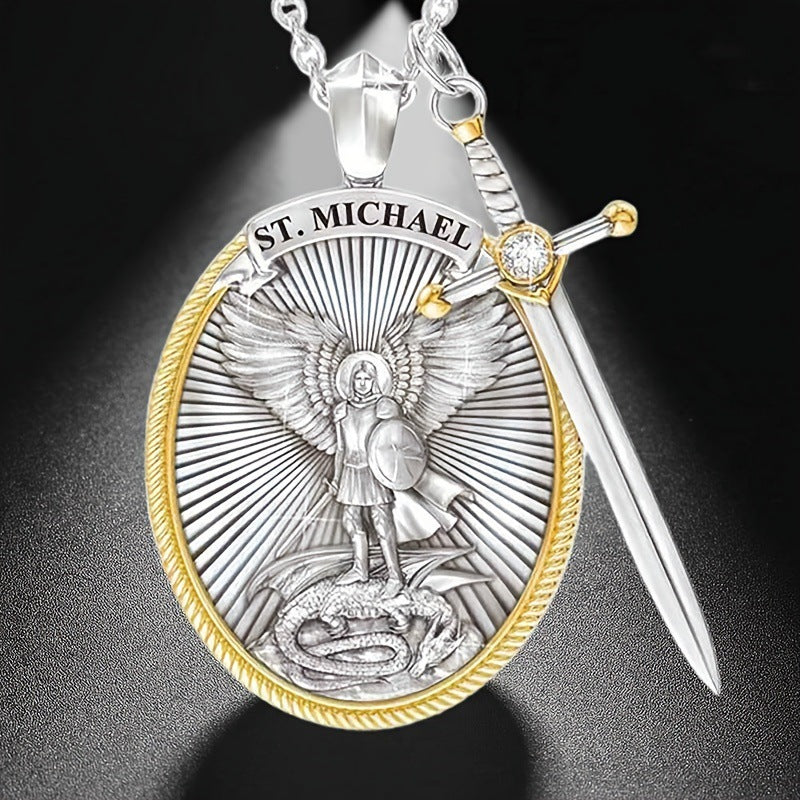 Two Tone Sword & Oval Shield St. Michael Pendant Necklace