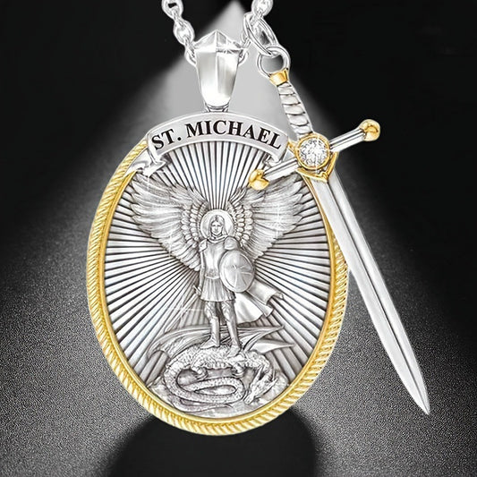 Two Tone Sword & Oval Shield St. Michael Pendant Necklace