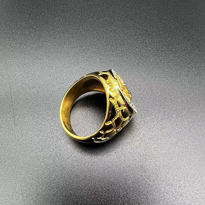 Anel de Cristo em ouro artesanal Amém com diamante e crucifixo