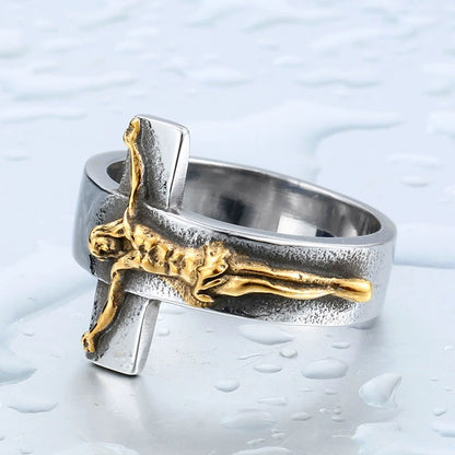 Amen Artisan Vintage Cross Jesus Crucifix Titanium Steel Ring