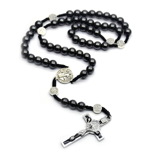 Black Onyx Bead Vintage Saint Benedict Cross Necklace