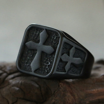 Amen Artisan Vintage Cross Stone Texture Titanium Steel Ring