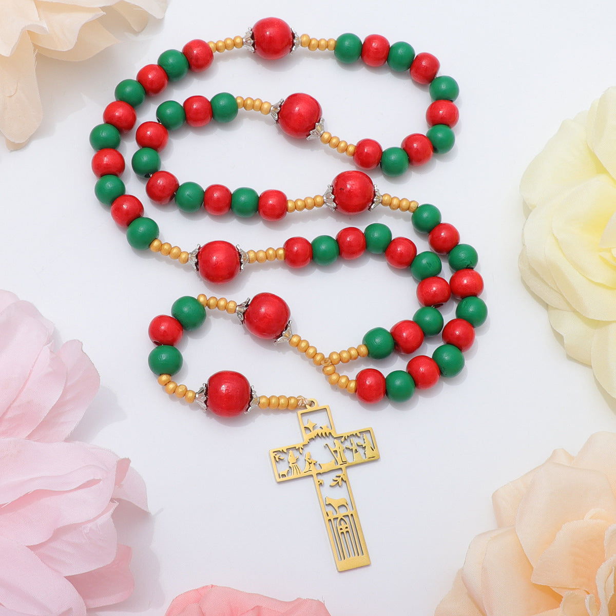 Nativity Birth of Jesus Rosary – Christmas Red & Green Wood Beads