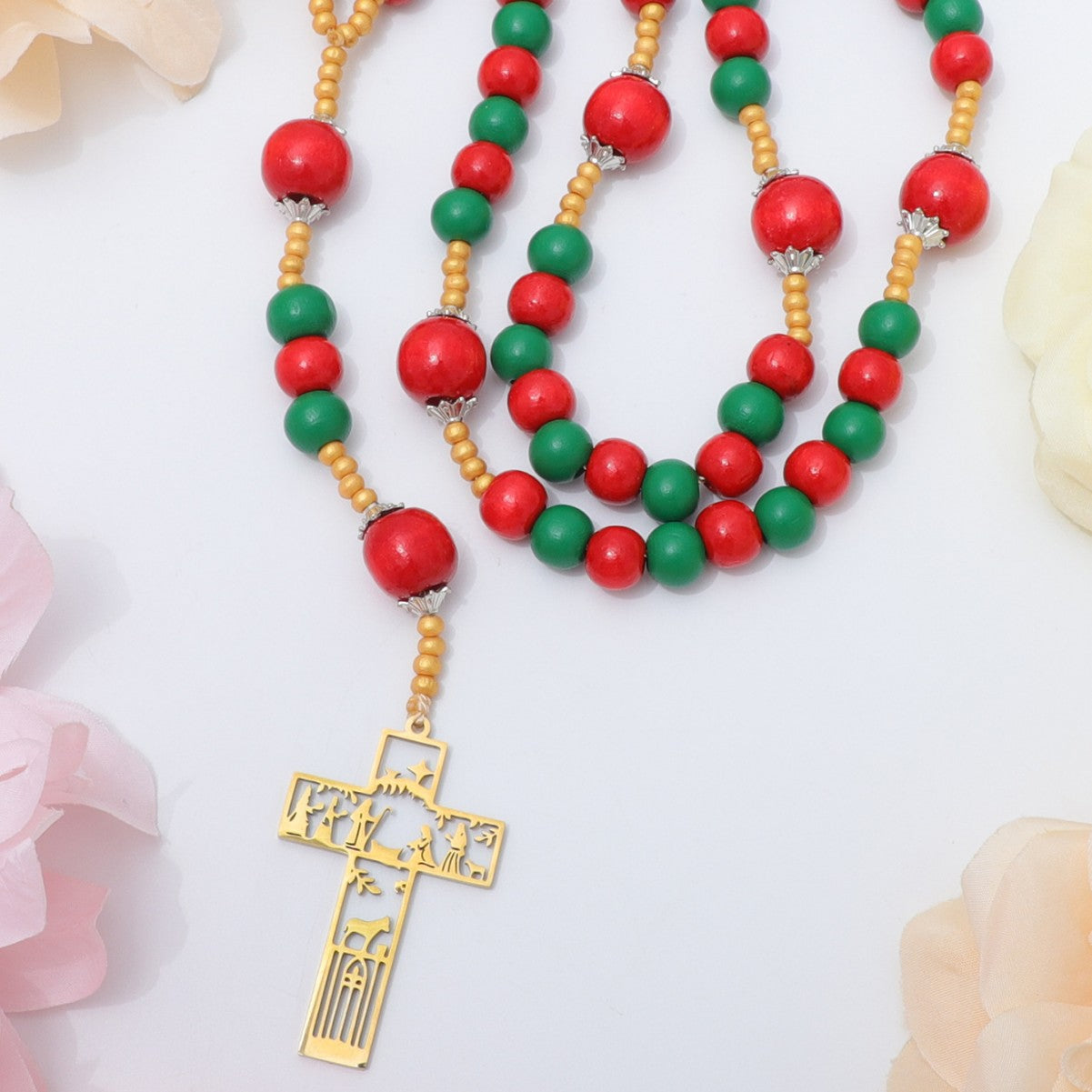 Nativity Birth of Jesus Rosary – Christmas Red & Green Wood Beads