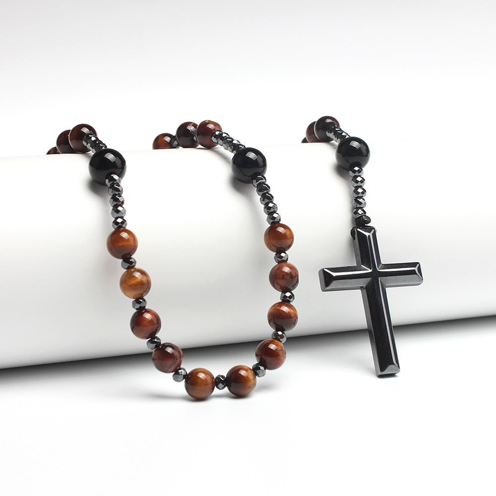 Black Natural Bead Long Necklace with Black Onyx Cross Rosary