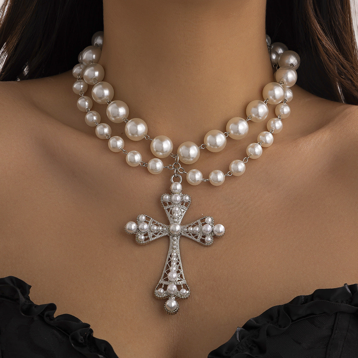 Cyber-Style Micro-Paved Rhinestone Large Cross Choker Necklace