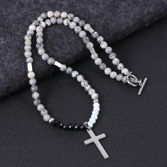 Natural Tiger Eye Stone Bead Stainless Steel Cross Necklace