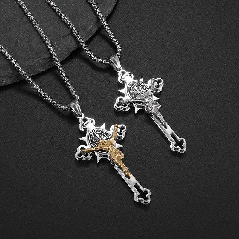 Saint Benedict Medal with Crucifix Stainless Steel Necklace