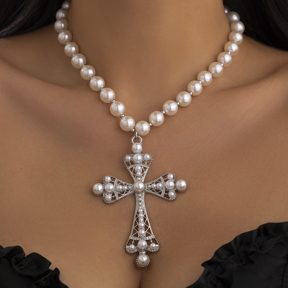 Cyber-Style Micro-Paved Rhinestone Large Cross Choker Necklace