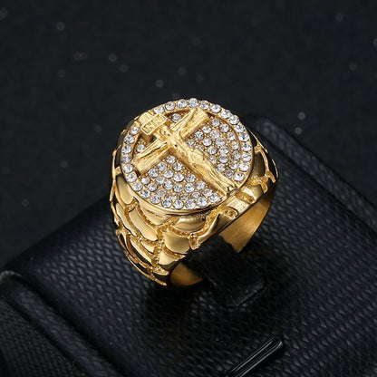 Anel de Cristo em ouro artesanal Amém com diamante e crucifixo