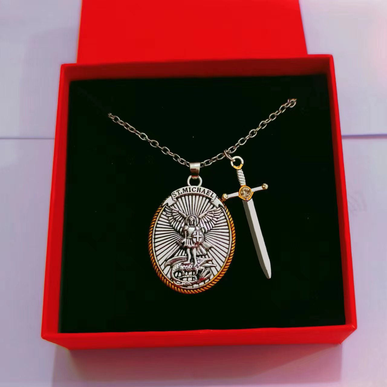 Two Tone Sword & Oval Shield St. Michael Pendant Necklace