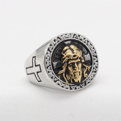 Anillo de acero de titanio con retrato de Jesús y cruz vintage artesanal de Amén